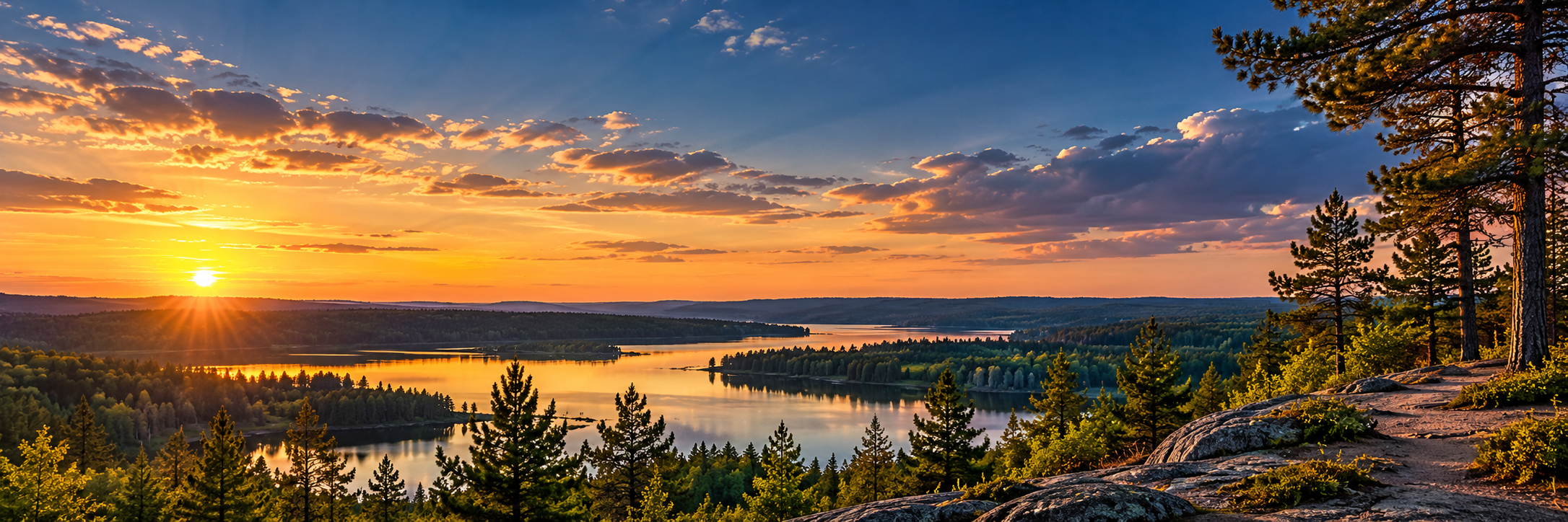 Golden sunset over a forested Minnesota lake