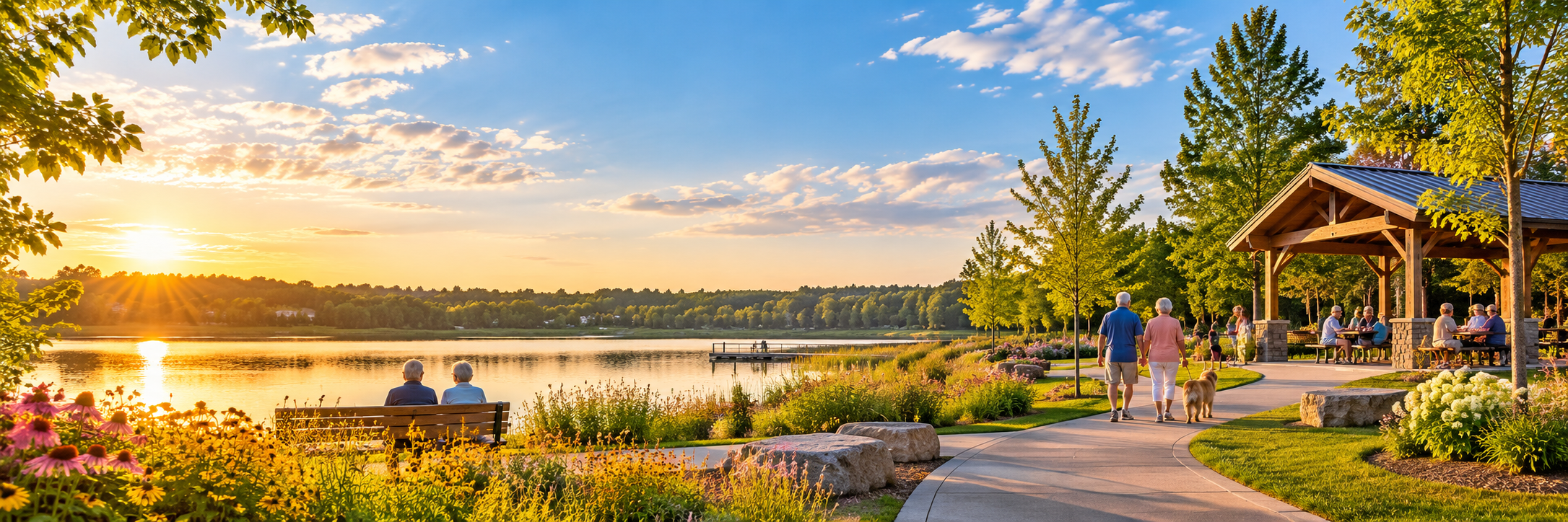 Lakeside community park at golden hour
